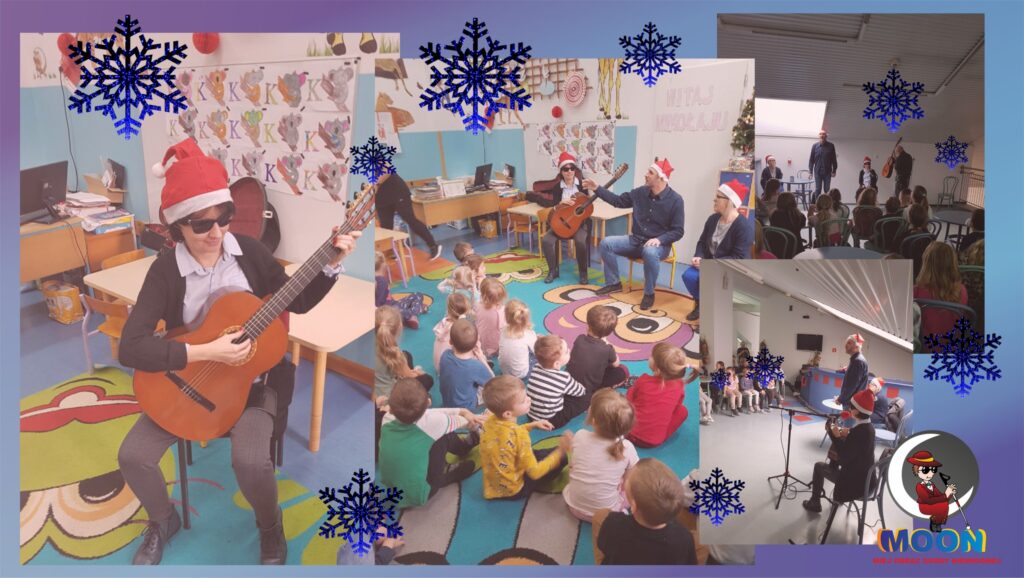 Muzyczny kolaż - Kasia Nowak, Łukasz Baruch, Karolina Żelichowska w mikołajkowych czapeczkach, na zdjęciach dzieci z przedszkola i szkoły. Kasia gra na gitarze.