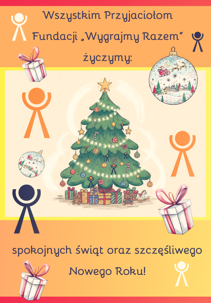 Wirtualna pocztówka: logo Fundacji „Wygrajmy Razem”, wypisane życzenia, rysunek choinki z prezentami. Dookoła Logo – nasze elfy i niektóre z elfów podrzucają świąteczne bombki. Te rysunkowe bombki też mają ozdoby – ilustracje nawiązujące do św. Mikołaja z saniami i reniferami.