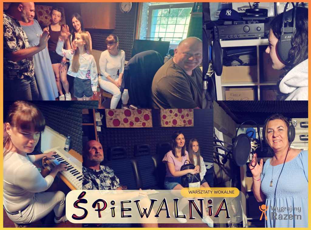 Kolaż fotografii w studio "Records" - proces nagrywania piosenek. Na fotografiach uczestniczki warsztatów, Łukasz Baruch, Vitalina Duda oraz Paweł Wietrzyński.